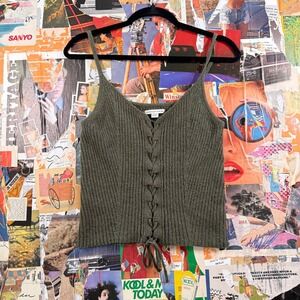 American Eagle Outfitters Olive Green Ribbed‎ Lace Up Tank Top - M